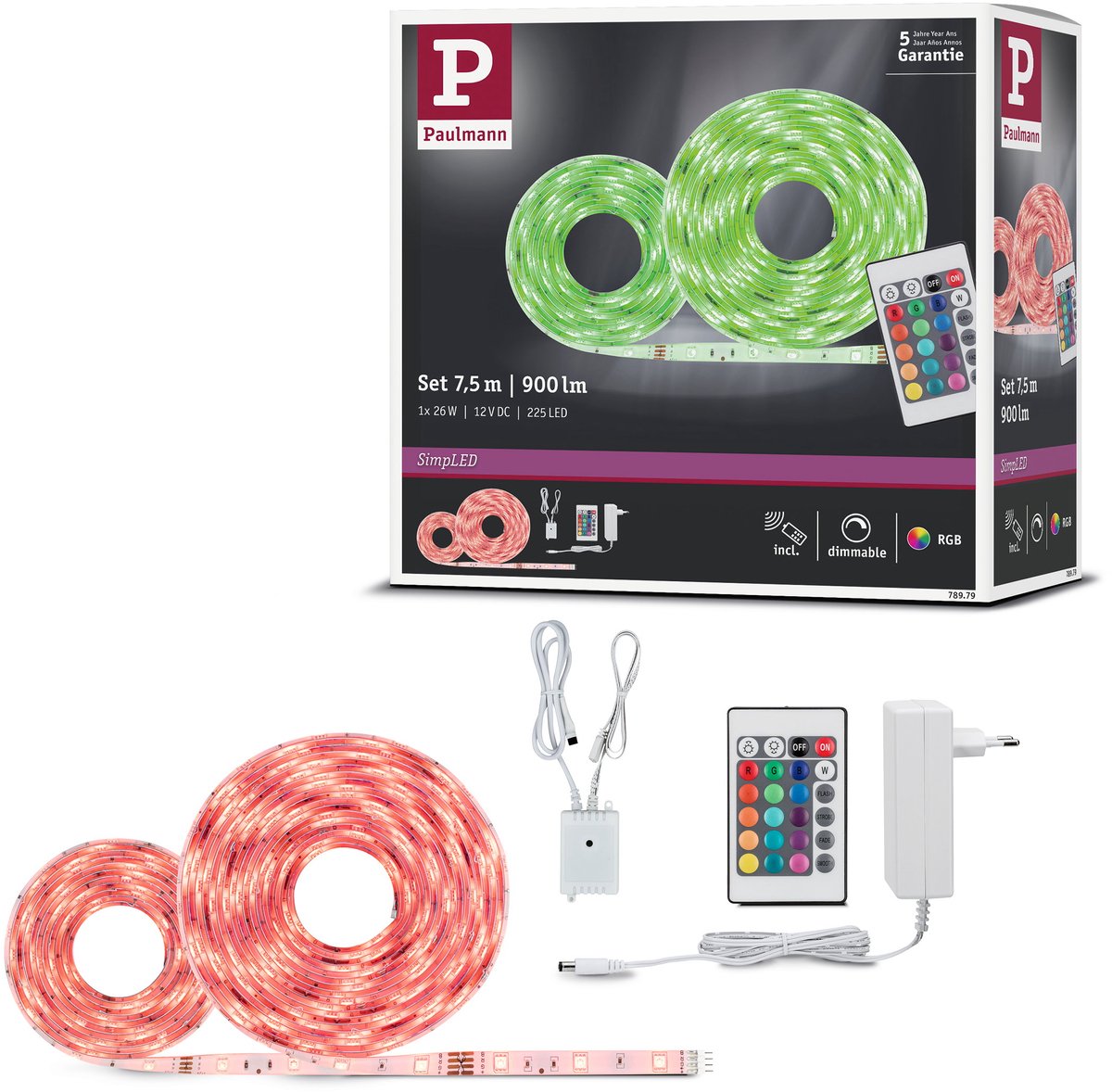 Paulmann einfacher LED-Streifen 7,5 Meter RGB – Plug-Play-Set – 26 W – 12 V – weiß – Metall-Kunststoff