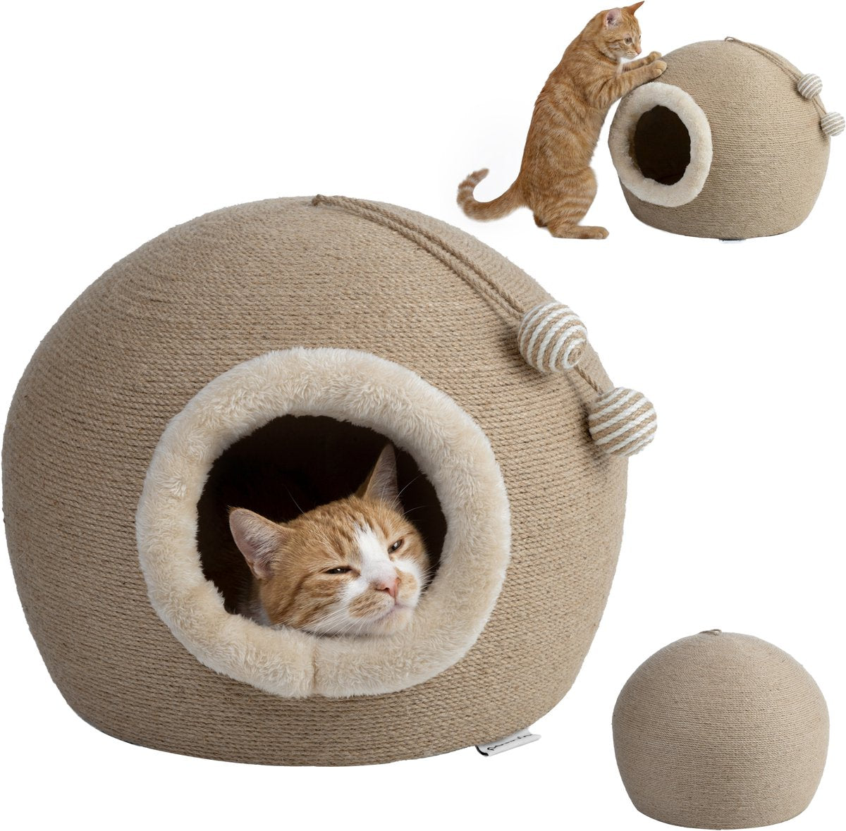 Peluvio flurby krabplank met kattenhuisje – 2-in-1 rust- en krabplek – natuurlijke sisal bekleding – bolvormig design – stabiele antislipbasis – speelse hangballetjes – onderhoudsvriendelijk – past in elk interieur