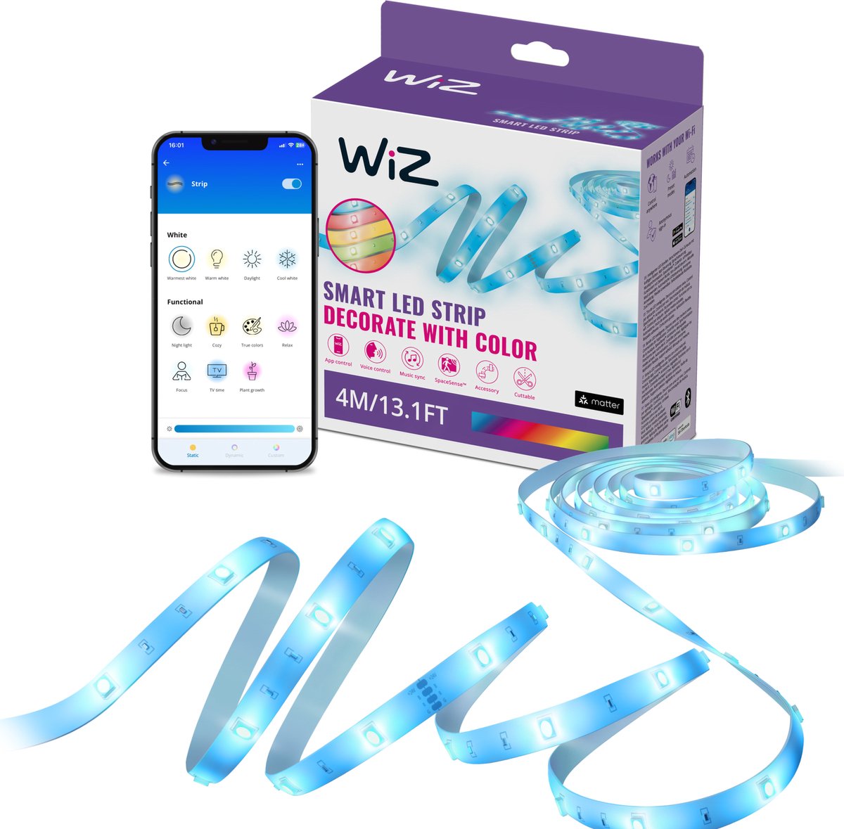 Wiz rgb led strip - 4 meter - makkelijke installatie - 16 miljoen kleuren - muzieksynchronisatie - rgb; één kleur tegelijk