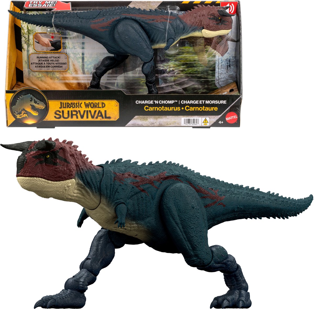 Mattel Jurassic World Run and Bite Carnotaurus rennende brüllende Dinosaurier-Actionfigur