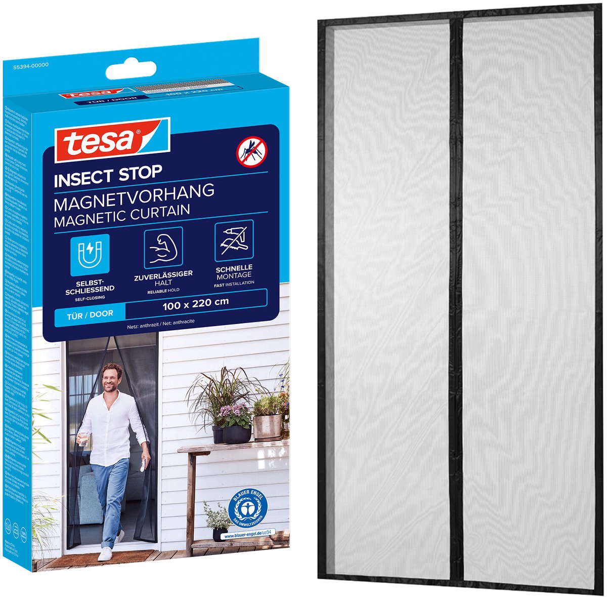 Tesa insect stop magnetic curtain - magnetisch gordijn zelfsluitend voor balkon- en terrasdeuren, zonder boren - 220 x 100 cm