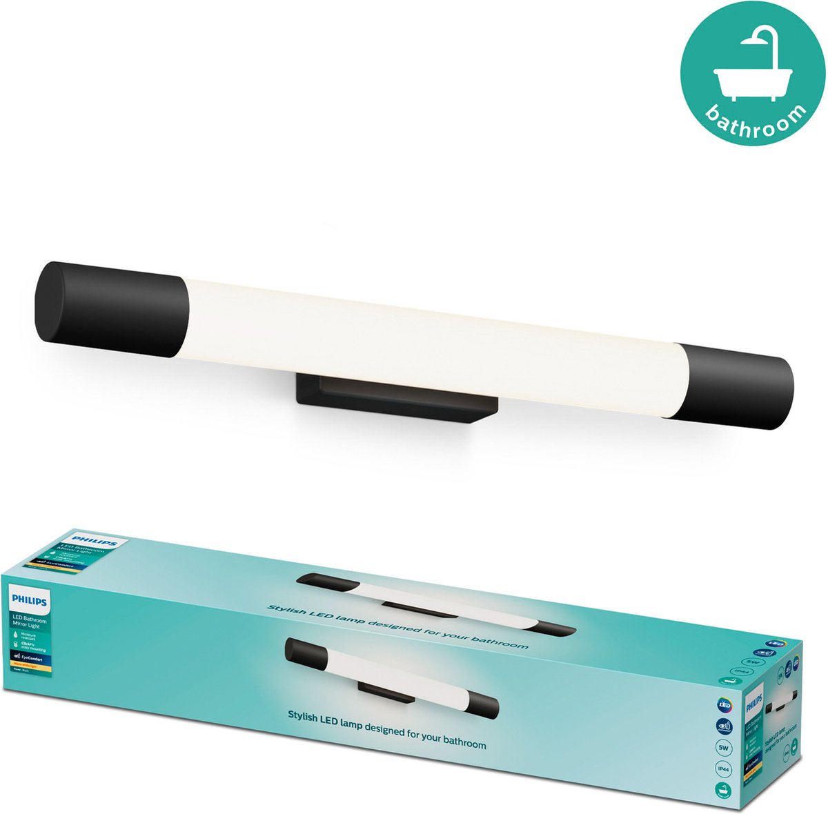 Philips led philips rover spiegelverlichting - spatwaterdicht ip44 - 5w - warmwit licht - badkamerlamp - cilindervormig - zwart