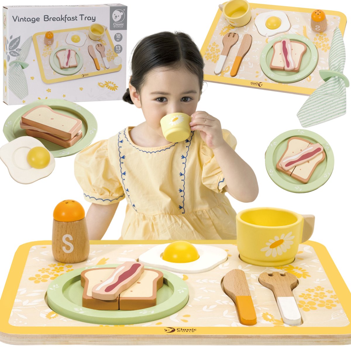 Classic World Vintage-Frühstücksset aus Holz mit Tablett, 13-teilig.