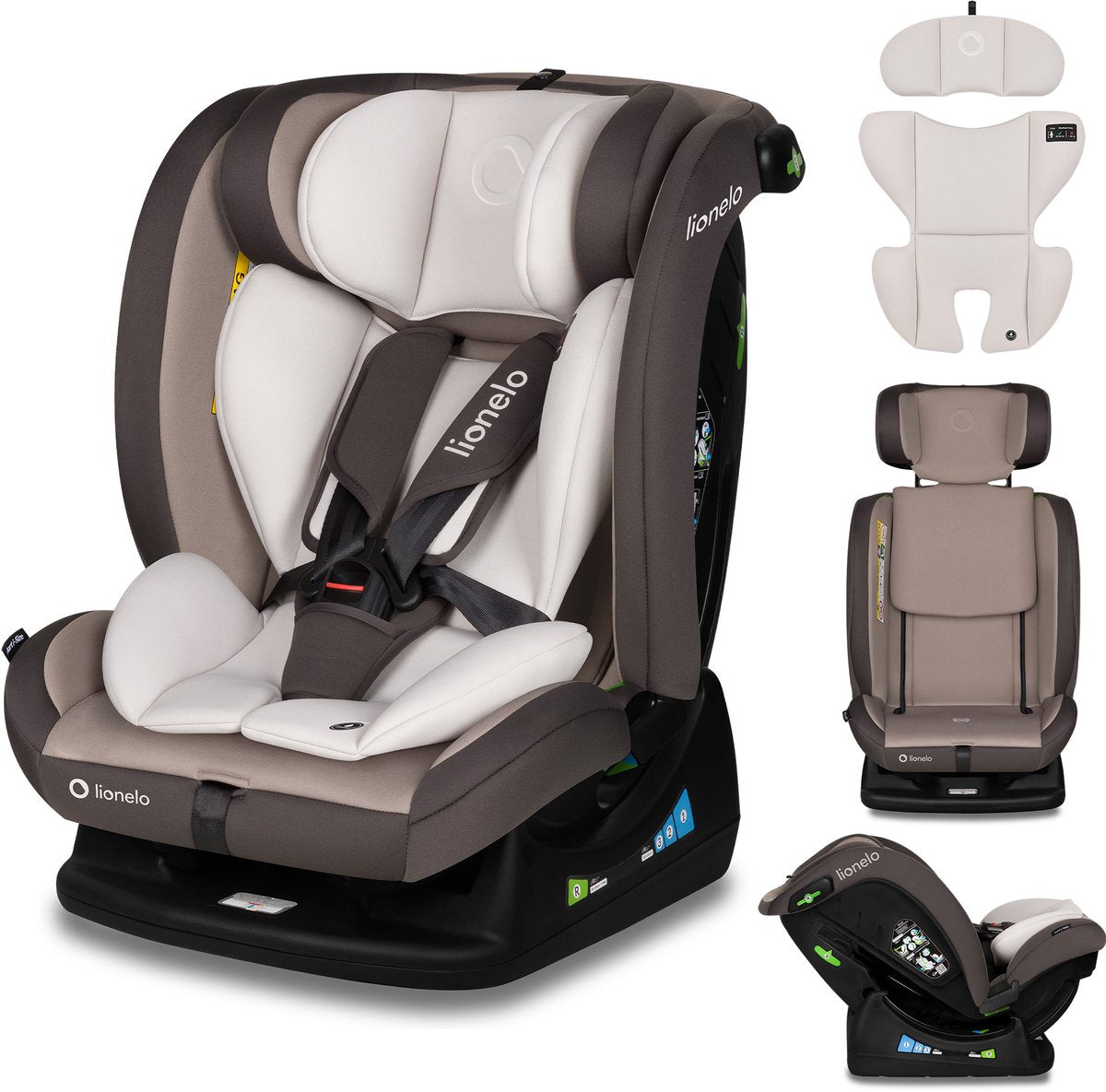 Lionelo Aart i-Size-Autositz – für Kinder 40–150 cm – 4in1 Gruppe 0-1-2-3 – i-Size R129 – vorwärts und rückwärts (rwf bis 105 cm) – Befestigung mit Autogurt – Kopfstütze aus Memory-Schaum – 13 Positionen – Komforteinsatz – waschbarer Bezug
