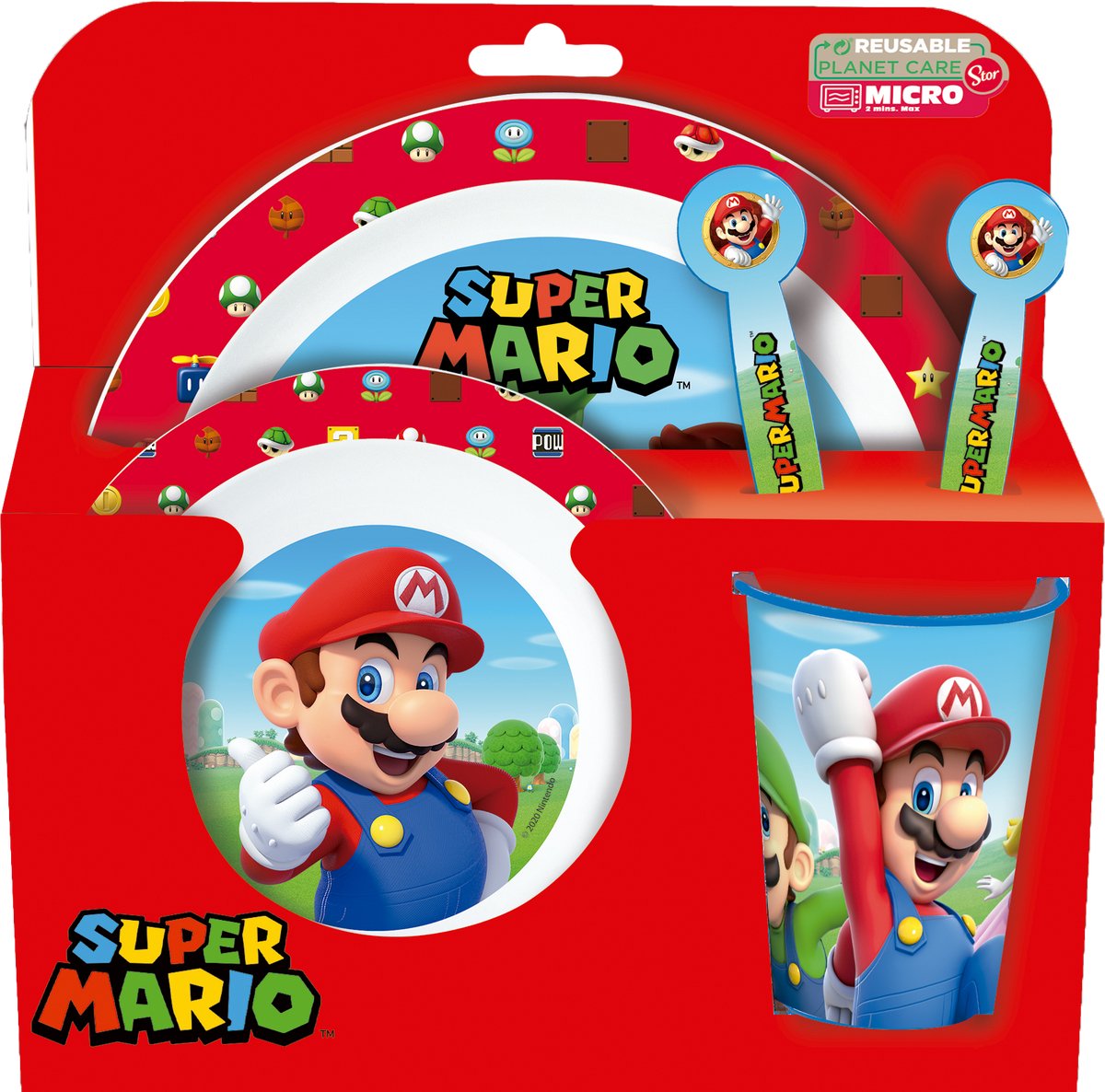 Stor Nintendo's Super Mario Kindergeschirr – 5-teilig – wiederverwendbar – inklusive Teller, Schüssel, Besteck und Tasse – spülmaschinen- und mikrowellenfest, BPA-frei – weiß rot