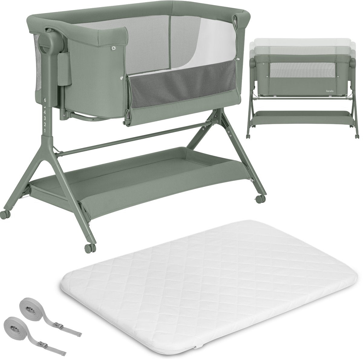 Lionelo leonie plus - co-sleeper 3 in 1 wieg en babybed – kinderbed tot 9 kg – hoogteverstelling in 6 niveaus – schommelfunctie – t25 matras – opbergmand – wielen – afneembare hoezen