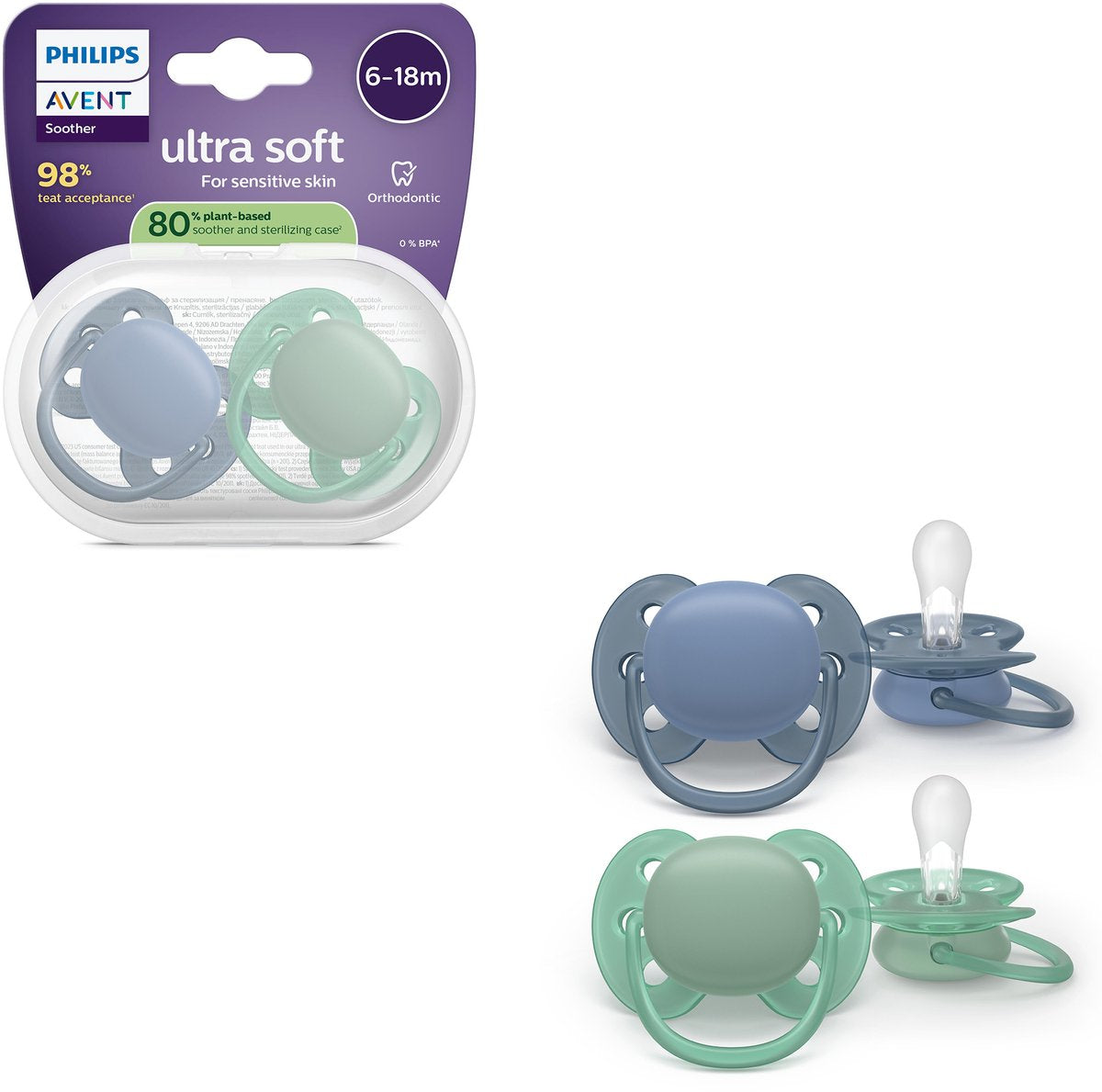 Philips avent ultra soft – superzachte siliconen fopspeen (6-18 mnd) – voor gevoelige huid – 2 stuks - scf091 42