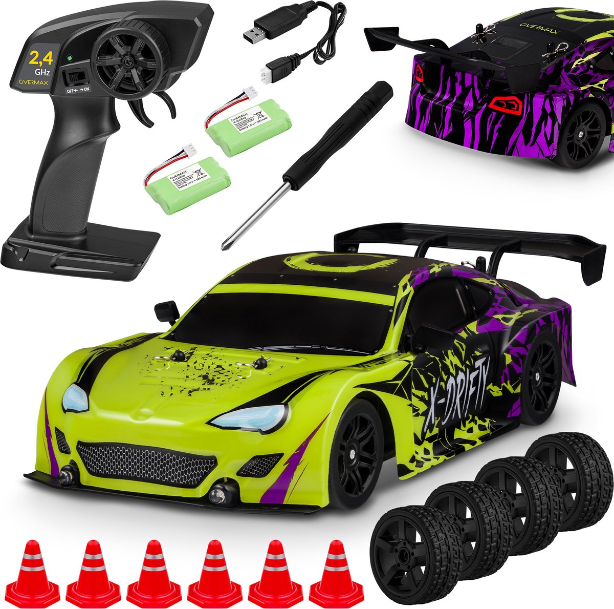 Overmax x-drifty – ferngesteuertes Auto 1:16 – Allradantrieb – 40 Minuten Spielzeit – 20 km/h – LED-Lichter – 2 Radsätze – Drift-Rennen – Hindernisaufkleber – Schnellladung – Kinder ab 3 Jahren – steuerbares Auto