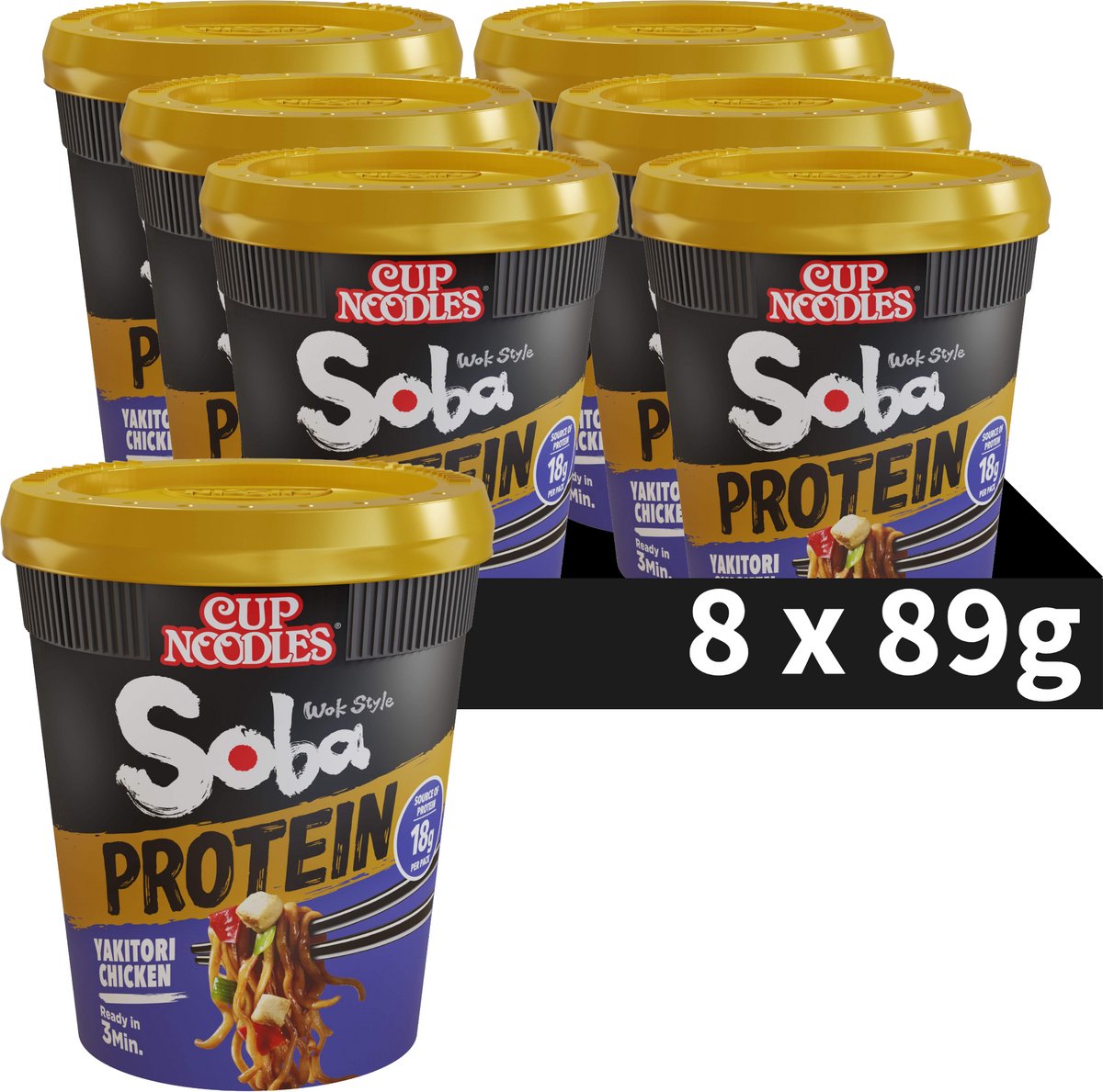 Nissin Soba Cup Nudeln Protein – Yakitori-Wok-Nudeln mit Protein – Instant-Nudeln – 8 Stück