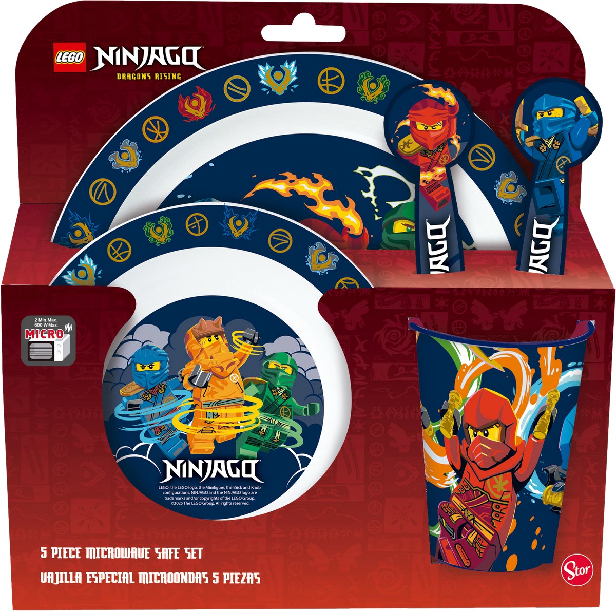 Stor Lego Ninjago Kindergeschirr – 5-teilig – wiederverwendbar – inklusive Teller, Schüssel, Besteck und Tasse – spülmaschinen- und mikrowellengeeignet, BPA-frei – Weiß Dunkelblau