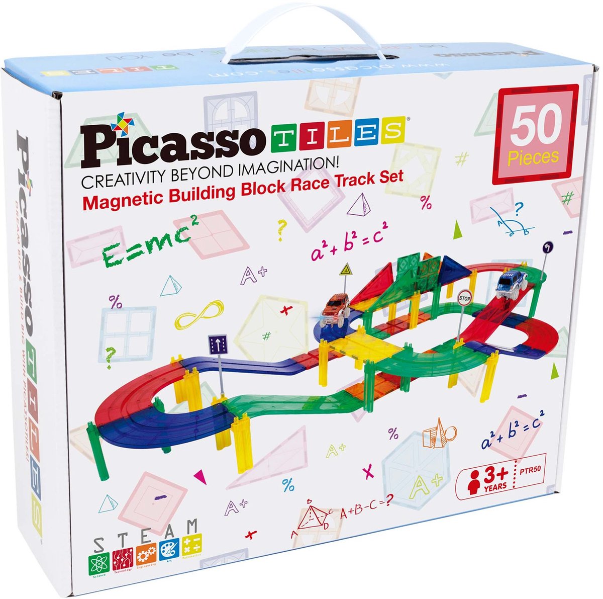 Picasso-Plättchen Taktik – Konstruktionsspielzeug – Magnetplättchen – Magnetplättchen – Rennstrecke – Stielspielzeug – Magnetische Rennstrecke mit 2 LED-Autos – 50 Stück – ab 3 Jahren