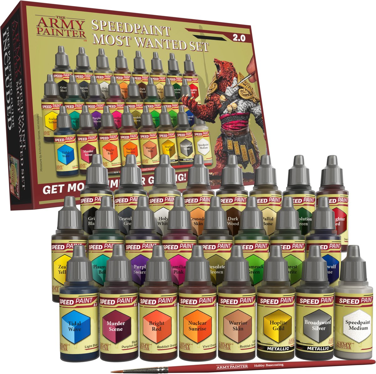 Das Army Painter Speedpaint Most Wanted Set 2.0 – Acrylfarben-Set erweitert um 24 Flaschen à 18 ml Farbspektrum aus dem Speedpaint-Starterset – inklusive 1 Grundlackpinsel für Miniaturmodellfarbe