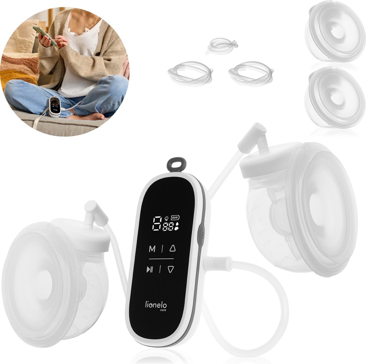 Lionelo Two Free White – Milchpumpe – doppelt – elektrisch – kabellos – 120 Min. Betrieb – 9 Intensitätsstufen – 3-phasig