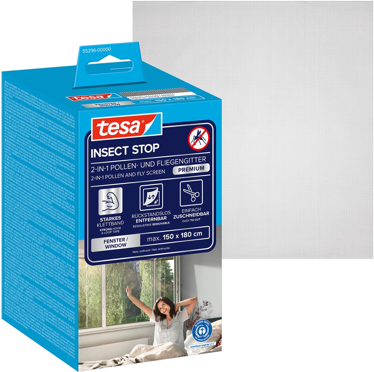 tesa Insektenstopp 2-in-1 Pollen- und Fliegengitter Premium – zuschneidbar, transparenter Pollenschutz, selbstklebender Klettverschluss, anthrazit – 150 x 180 cm
