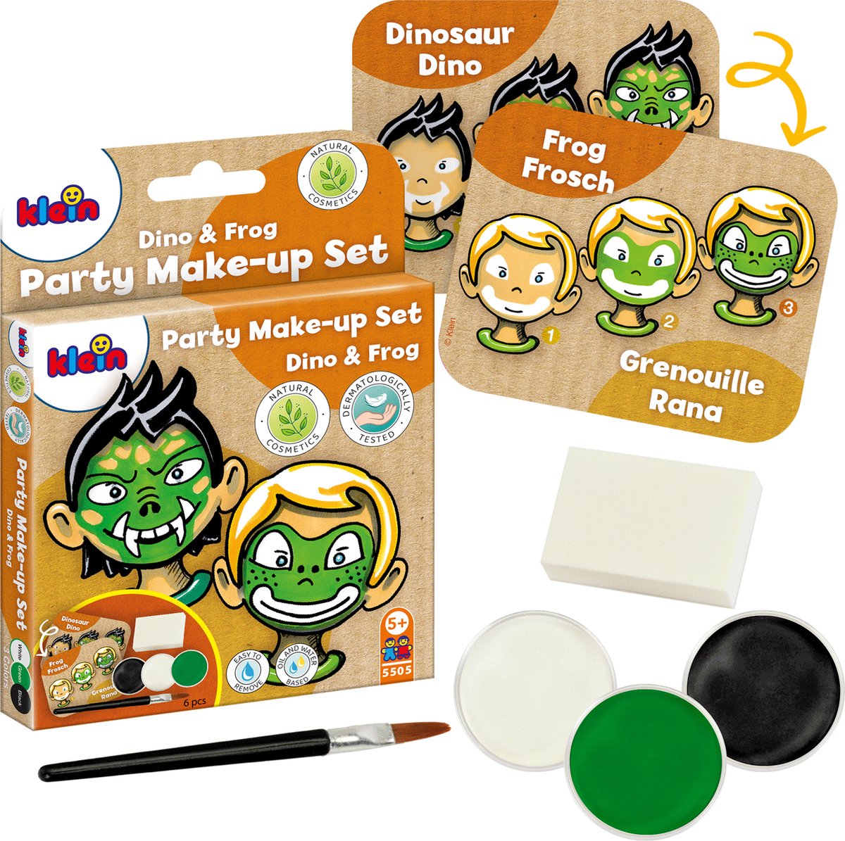 Klein Toys Party-Make-up-Set „Dino-Frosch“ – drei Farbtabletten in Grün, Weiß und Schwarz – zertifiziert nach ISO 16128 – mehrfarbig