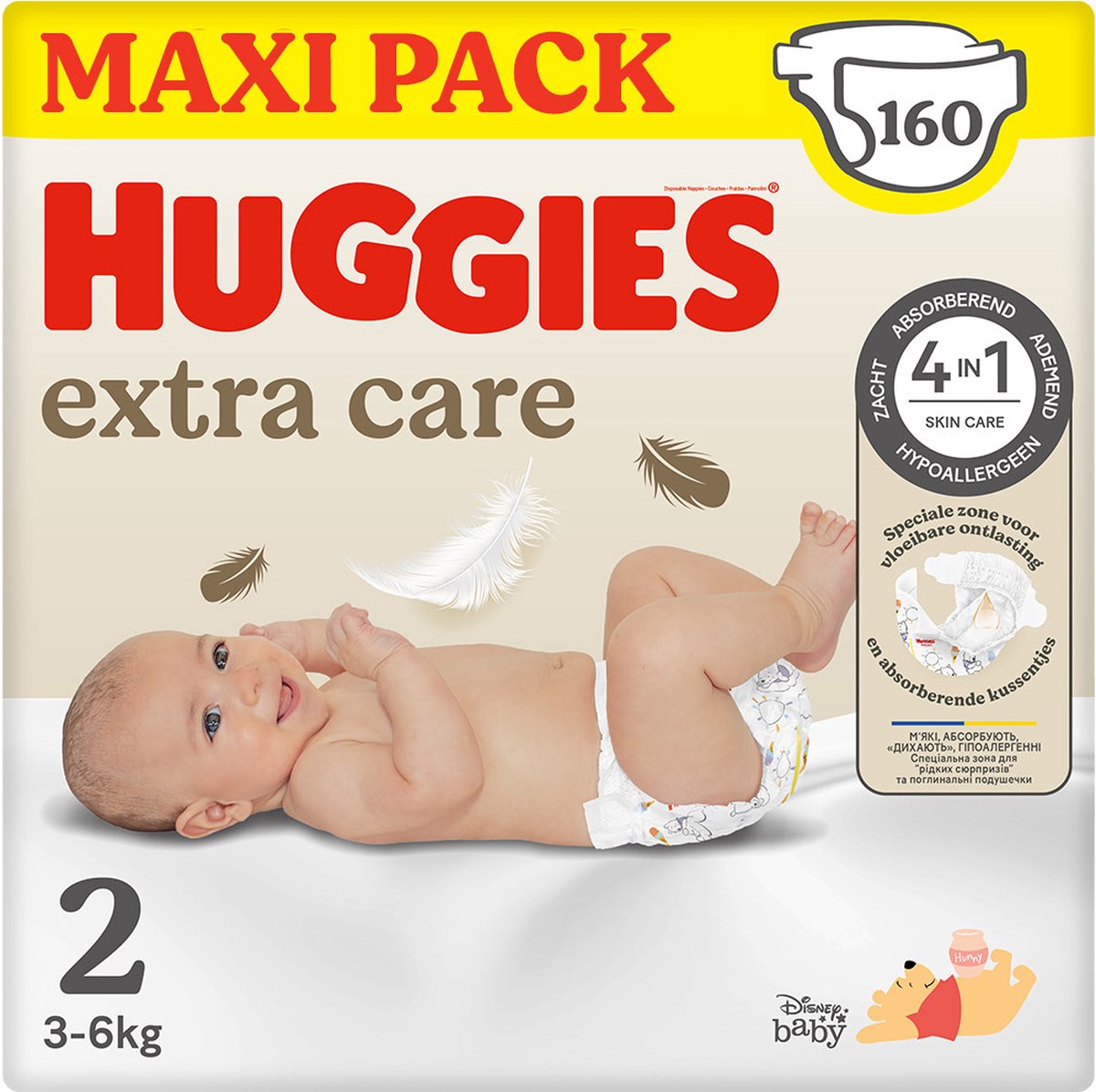 Huggies ® Extra Care Babywindeln, Größe 2 (3 bis 6 kg), 160 Windeln mit Feuchtigkeitsindikator und Disney-Motiven, Maxipack