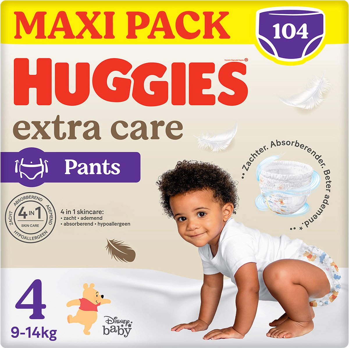Huggies® Extra Care Babywindelhosen, Größe 4 (9 bis 14 kg), 104 Windeln mit weichem Gummibund und Disney-Motiven, Maxi-Packung