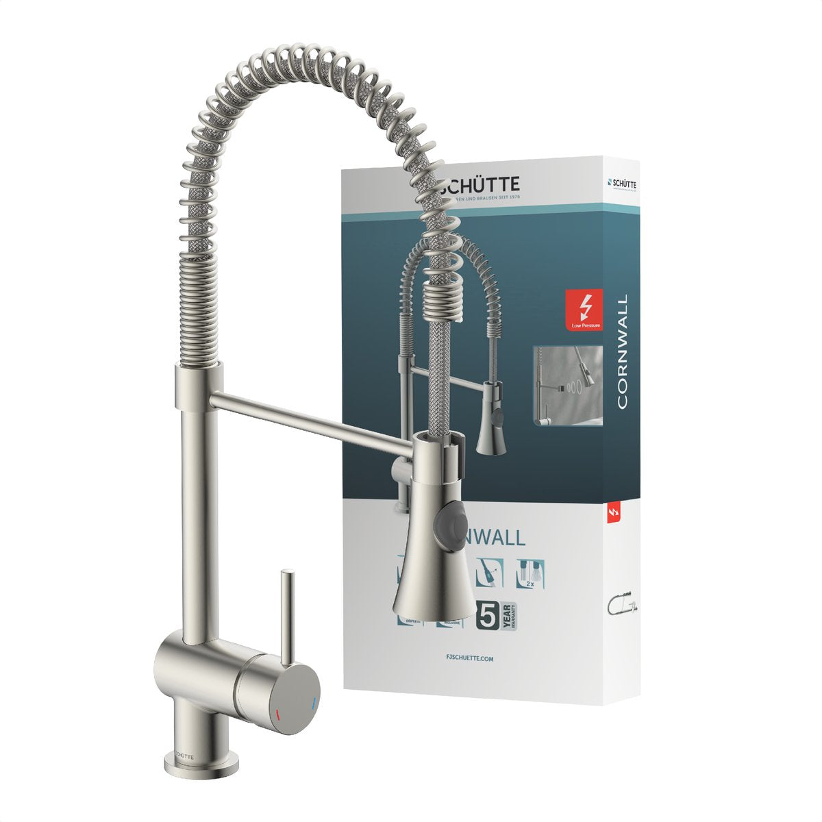 Schütte Schütte Eenknops -Mixer mit Spiralfeder Cornwall niedriger Druck aus Edelstahl Look