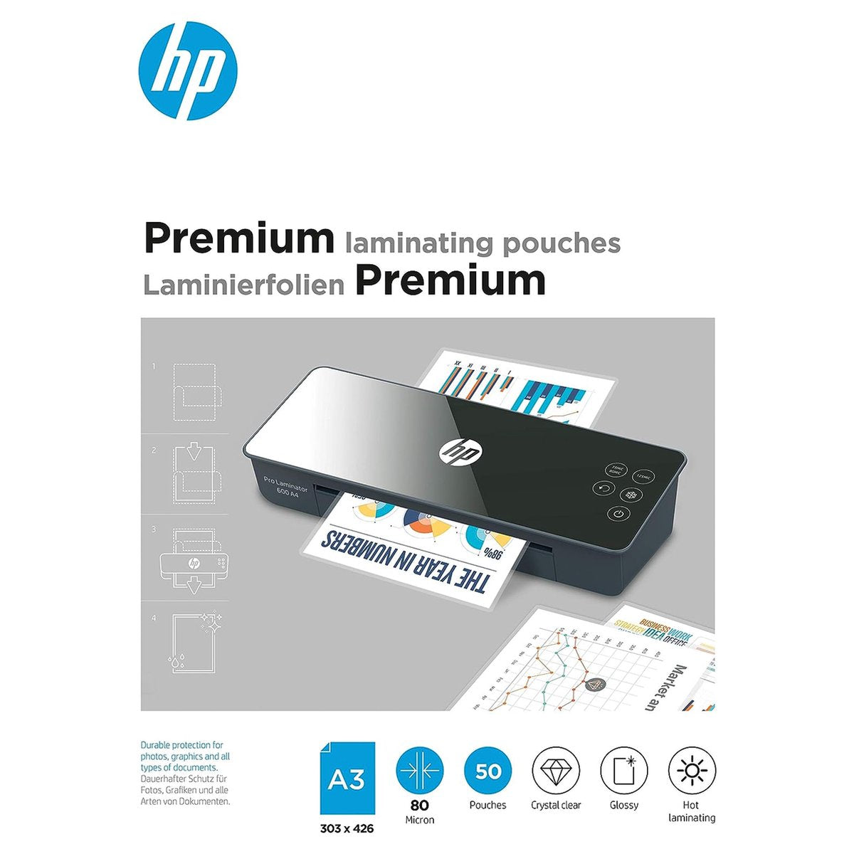 HP 9126 Premium-Laminierfolien A3 – Laminierfolien zum Heißlaminieren – glänzend – 80 Mikron – 50 Stück