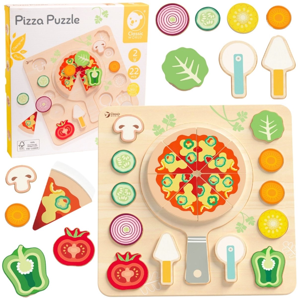 Classic World Holzspielzeug Formpuzzle Pizza 22 Teile pädagogisch.