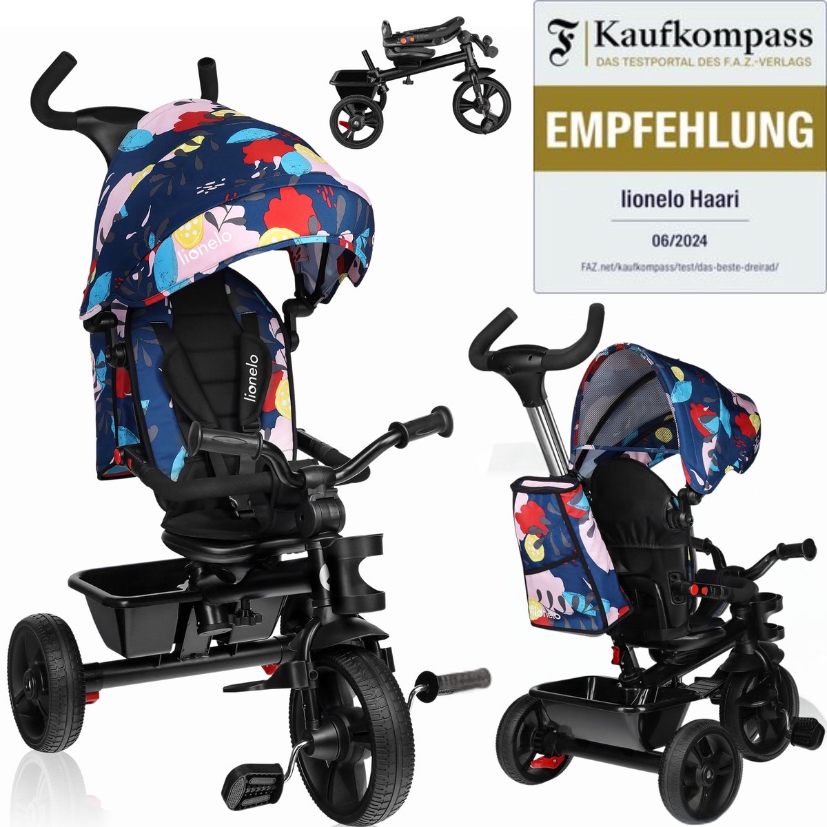 Lionelo haari – Dreirad – Getränkehalter – 2in1 – drehbarer Sitz – wartungsfreie Gummiräder – Freilauf – Schiebestange für Eltern – Markise – Korb und Tasche – Getränkehalter – wächst mit – von 18 Monaten bis 25 kg