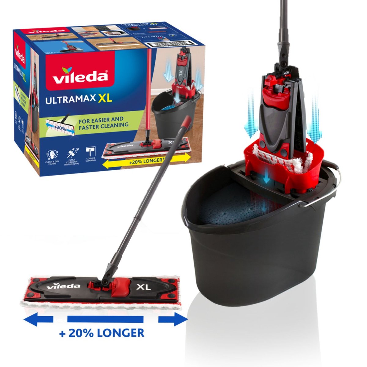 Vileda ultramax xl Komplettset mit Wischmopp und Eimer – Wischset mit Eimer – 20 % längerer Kopf – für alle Hartbodenoberflächen