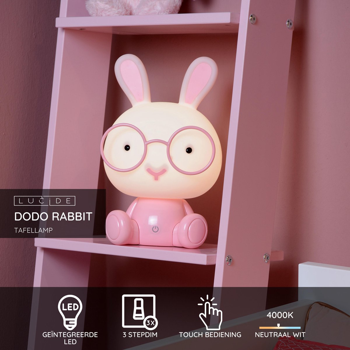 Lucide Dodo Rabbit - Tischlampe Kinderzimmer - LED 3 Stepdim - 1x3w 4000k - Rosa