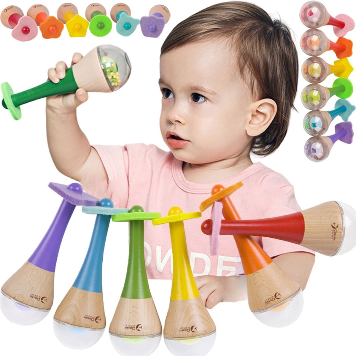 Klassische Weltrassel 2 in 1 hölzernes Regenbogen-Maracas-Instrument 1 Stk. - Uni