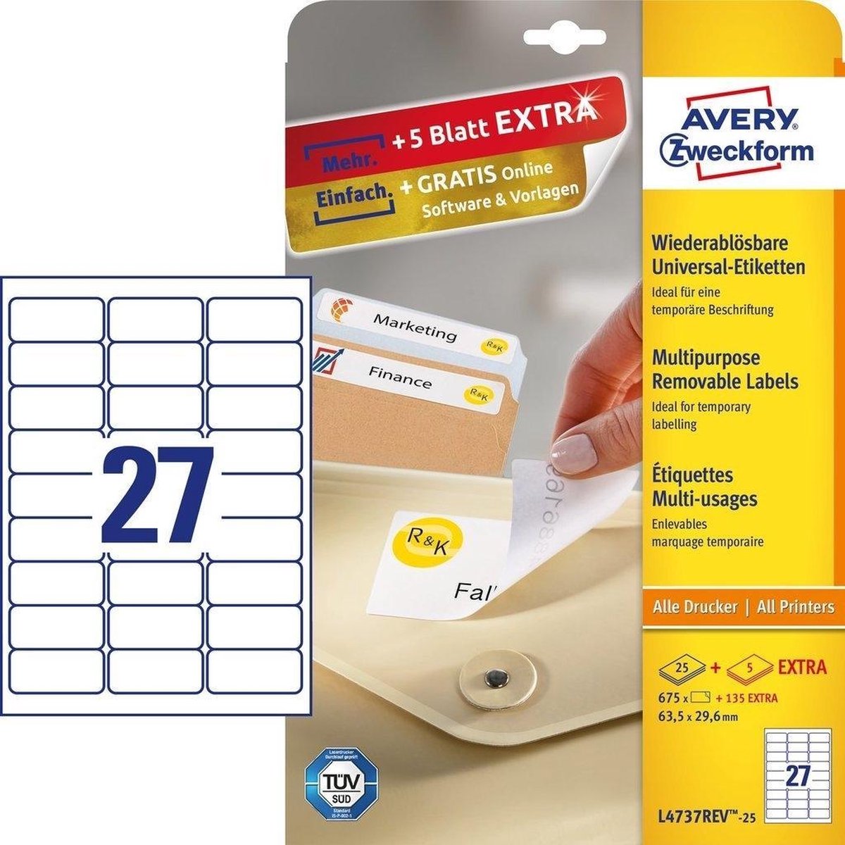 Avery Etikett l4737rev-25 63,5 x 29,6 mm abnehmbar weiß 675 Stück