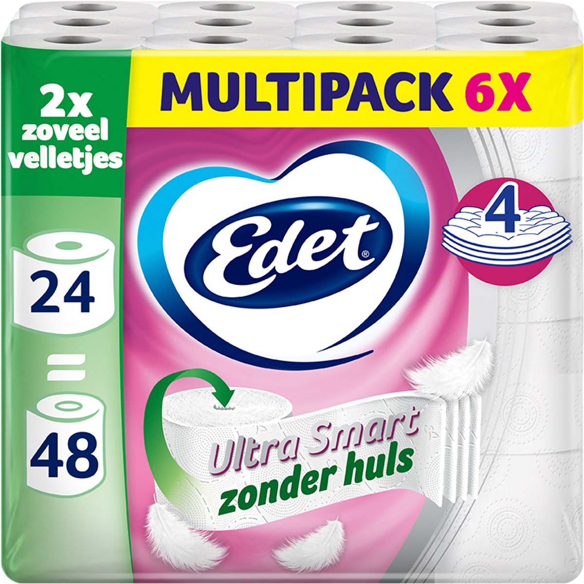 Edet Ultra Smart Toilettenpapier – 4 Schichten – 24 Maxi-Rollen ohne Hülle = 48 Rollen