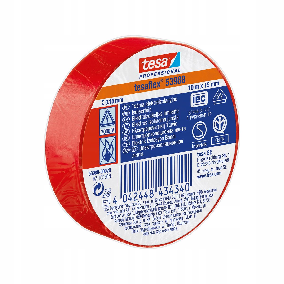 Tesa Flex 53988 Elektroisolierband rot 15 mm x 10 m