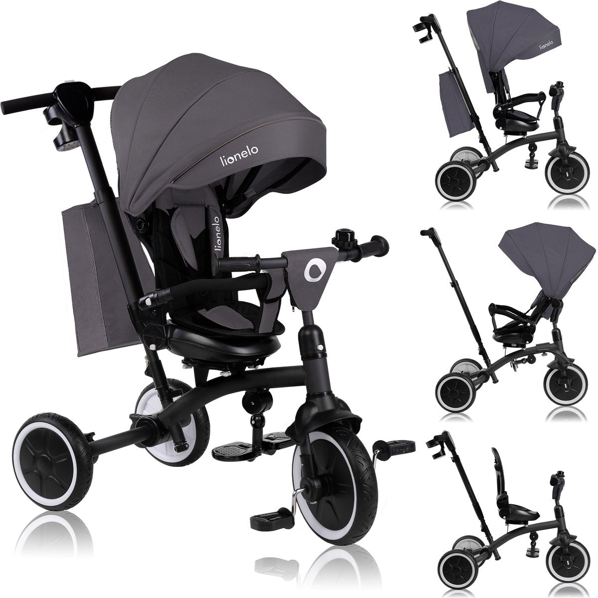 Lionelo Tris Plus Dreirad 2in1 – Kinderwagen-Dreirad – 360° drehbarer Sitz – von 9 Monaten bis 5 Jahren (25 kg) – große PU-Pannenschutzräder – verstellbare Rückenlehne – Elternlenkrad – Freilauffunktion – inklusive Zubehörset