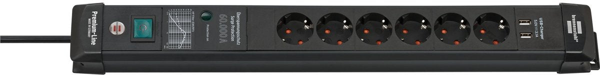 Brennerstuhl premium-line 60.000a Verlängerungskabel mit Überspannungsschutz mit USB-Ladegerät 6-fach schwarz 3m h05vv-f 3g1,5 *be* - 1951164603
