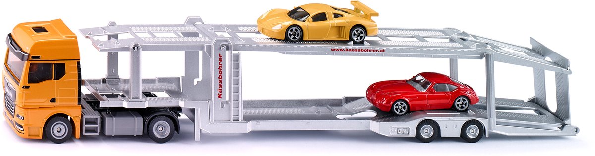 Siku 3944, Mann-Autotransporter, 1:50, inkl. 2 Spielzeugautos, Metall-Kunststoff, Orange-Silber, abnehmbarer Anhänger, absenkbare Plattform