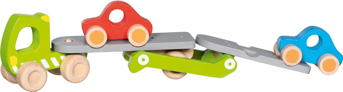 Goki Fahrzeug: Autotransporter 28 44x8x17,5cm, mit 2 Fahrzeugen, mit Heckklappe, Holz, 2+