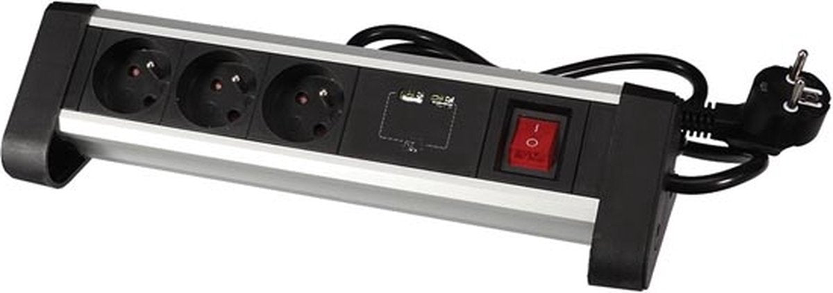 Perel-Steckdosenleiste mit Schalter, 3 Steckdosen mit Erdungsstift (Typ E), 2 USB-Anschlüsse, Kabel 1,4 m, 3G1,5, Innenbereich, Schwarzgrau