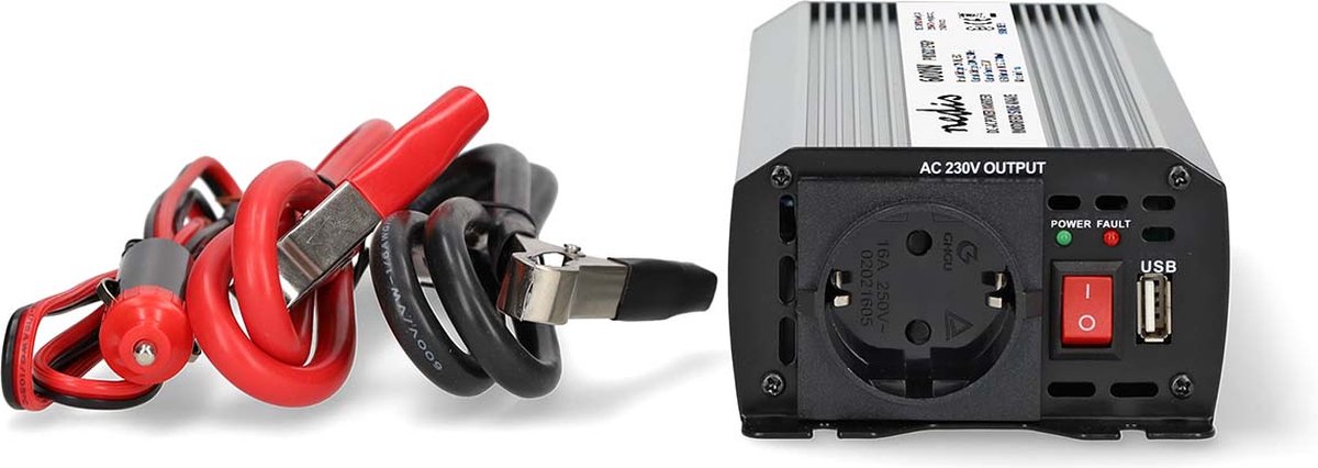 Nedis Auto-Wechselrichter 600 W – 12 V 230 V – Steckdose USB-Ladeanschluss – modifizierte Sinuswelle – Batterieklemmen, Zigarettenanzünder – Spannungswandler