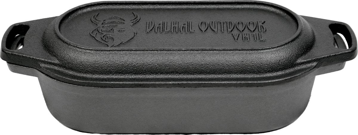 Valhal outdoor - braadpan dubbele skillet 1l - kleine dutch oven, gietijzer, ovaal, grillpatroon, vh1l