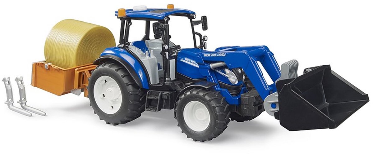 Bruder New Holland T5.120 + Frontlader, Schaufel, Gabeln + Rundballen 1:16