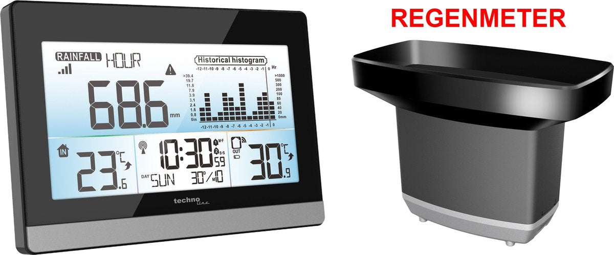 Technoline Wetterstation – ws 9016 – 180 x 110 x 38 mm – schwarz silber – mit Regenmesser – tl-ws9016
