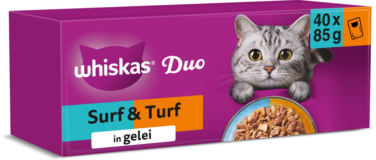 Whiskas Katzenfutter – Erwachsene ab 1 Jahr – Duo-Surf-Rasen-Auswahl in Gelee – 40 x 85 g