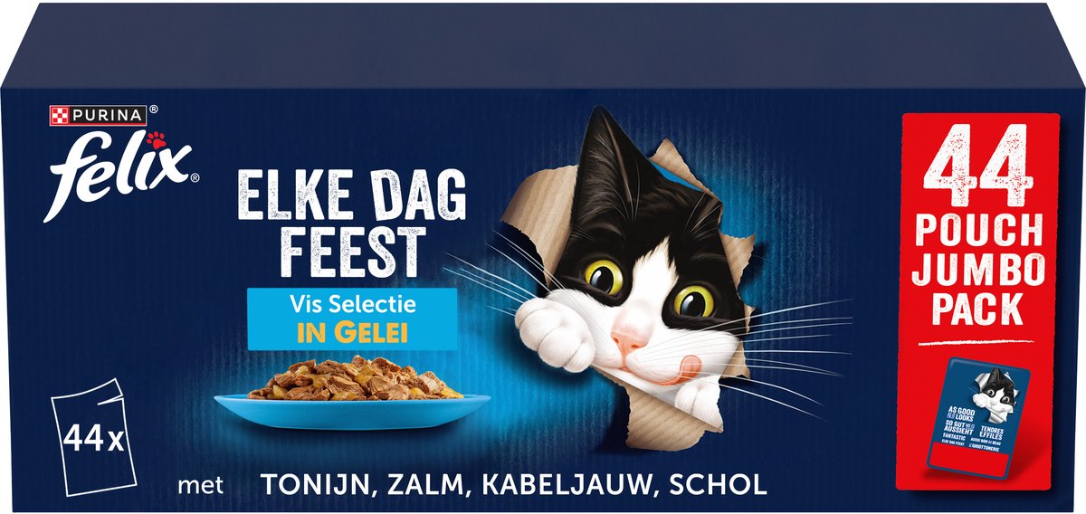Felix Every Day Party Fischauswahl – Katzenfutter Nassfutter – Thunfisch, Kabeljau, Lachs Scholle – 44 x 85 g