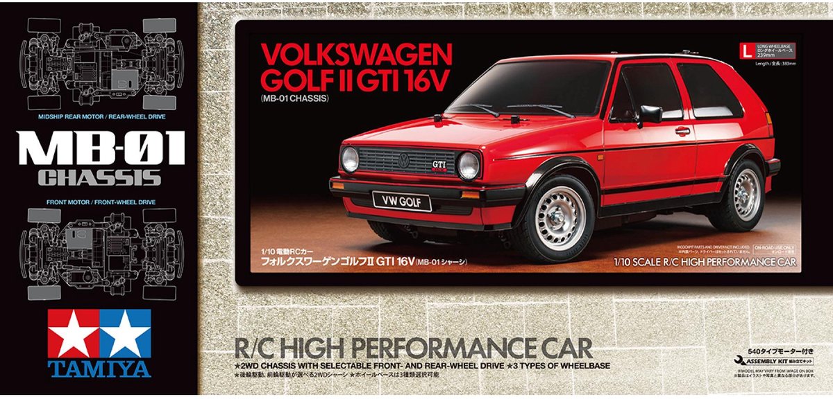 Tamiya Modellbausatzauto – 58748 RC-Auto – Volkswagen Golf II GTI 16 V – MB-01 RC-Kunststoff – 1:10 – Modellbau