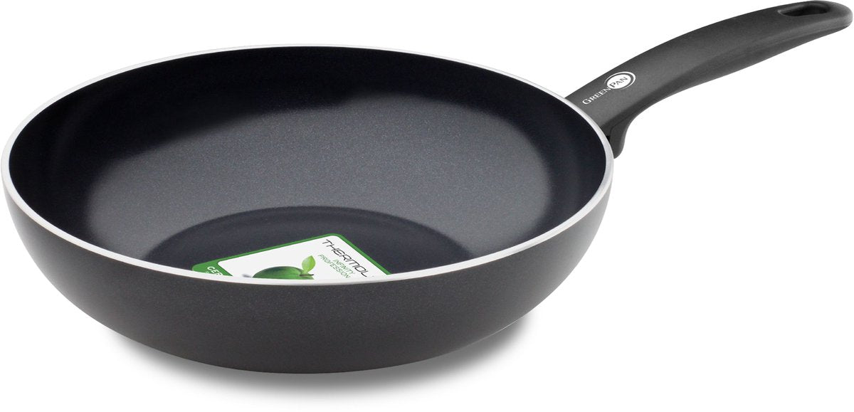 Greenpan Cambridge Wok-Pfanne 28 cm – 3,5 l – PFAs-freie Antihaftbeschichtung – Wok-Pfanne Induktion – Keramikpfanne – ofenfest bis 230 °C – Kaltgriffe – ohne Deckel – Schwarz