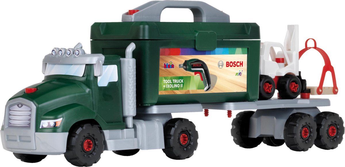 Klein Toys Bosch Ixolino II Werkzeugwagen-Set – 86 Teile – inkl. Akkuschrauber, Werkzeugkasten, Anhänger, Kran und Gabelstapler - grün