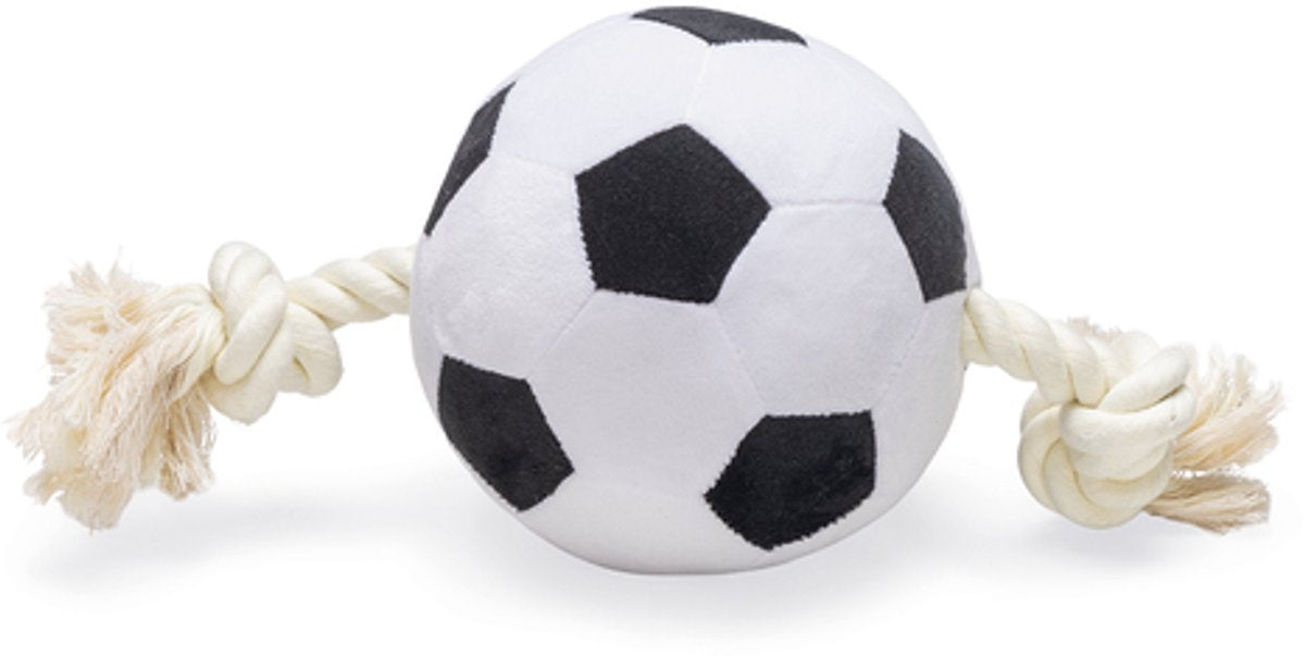Beeztees voetbal met touw - hondenspeelgoed - pluche - zwart wit - 27x13x13cm