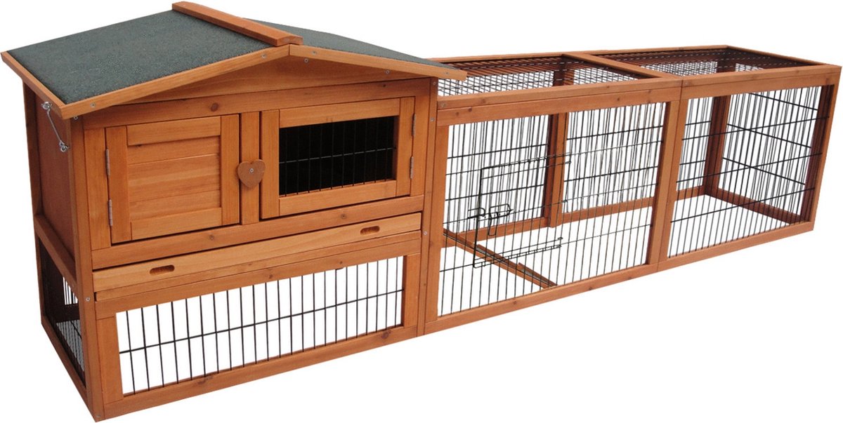 Flamingo-Kaninchenstall mit Auslauf – großer Outdoor-Kaninchenstall mit Nachtkäfig und geräumigem Auslauf – 230 x 53 x 70 cm – Kaninchenstall Jumbo klassisch braun