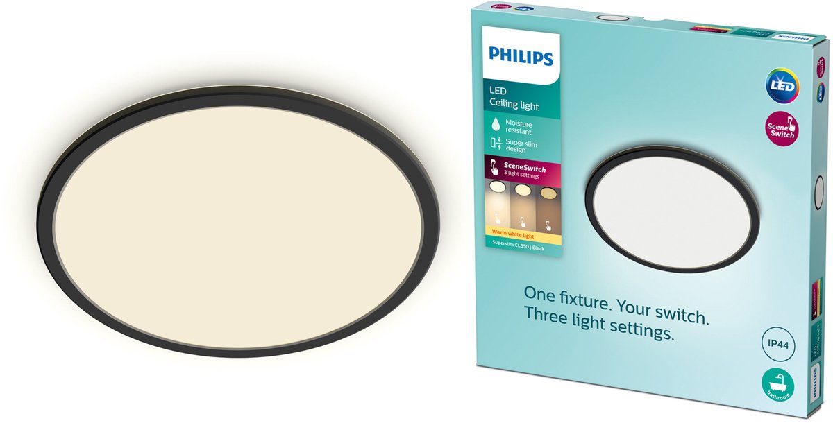 Philips led philips superslim badkamer plafondlamp - zwart - rond - 18 w