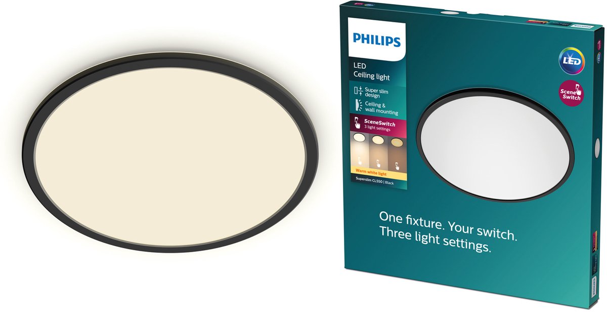 Philips led philips superslim plafonnière - zwart - klein - warmwit licht - 15 w