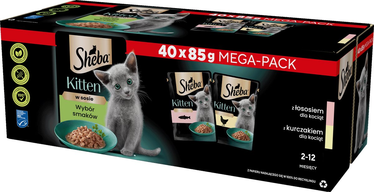 Sheba Kitten-Serie – Nassfutterverarbeitung – Geschmacksauswahl – Lachs und Huhn – 85 g pro Beutel – 40 Stück